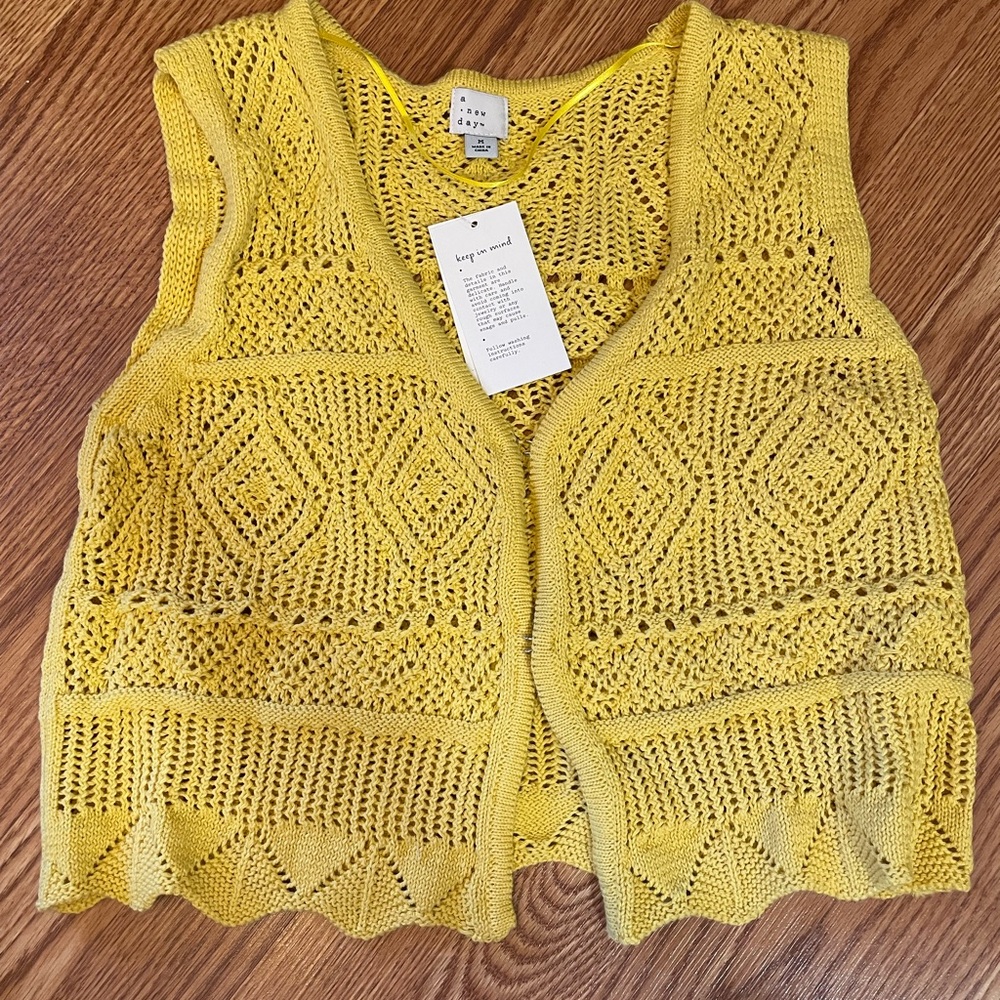 Yellow Knit Crochet Vest, medium